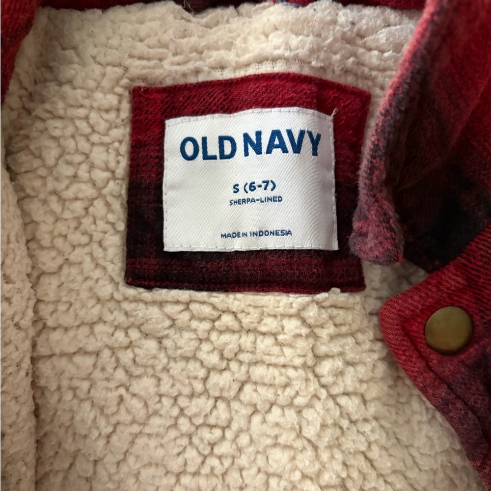 Old Navy Sherpa Lined Flannel Shacket Kids Size Small 6/7 Red Black - Picture 4 of 8